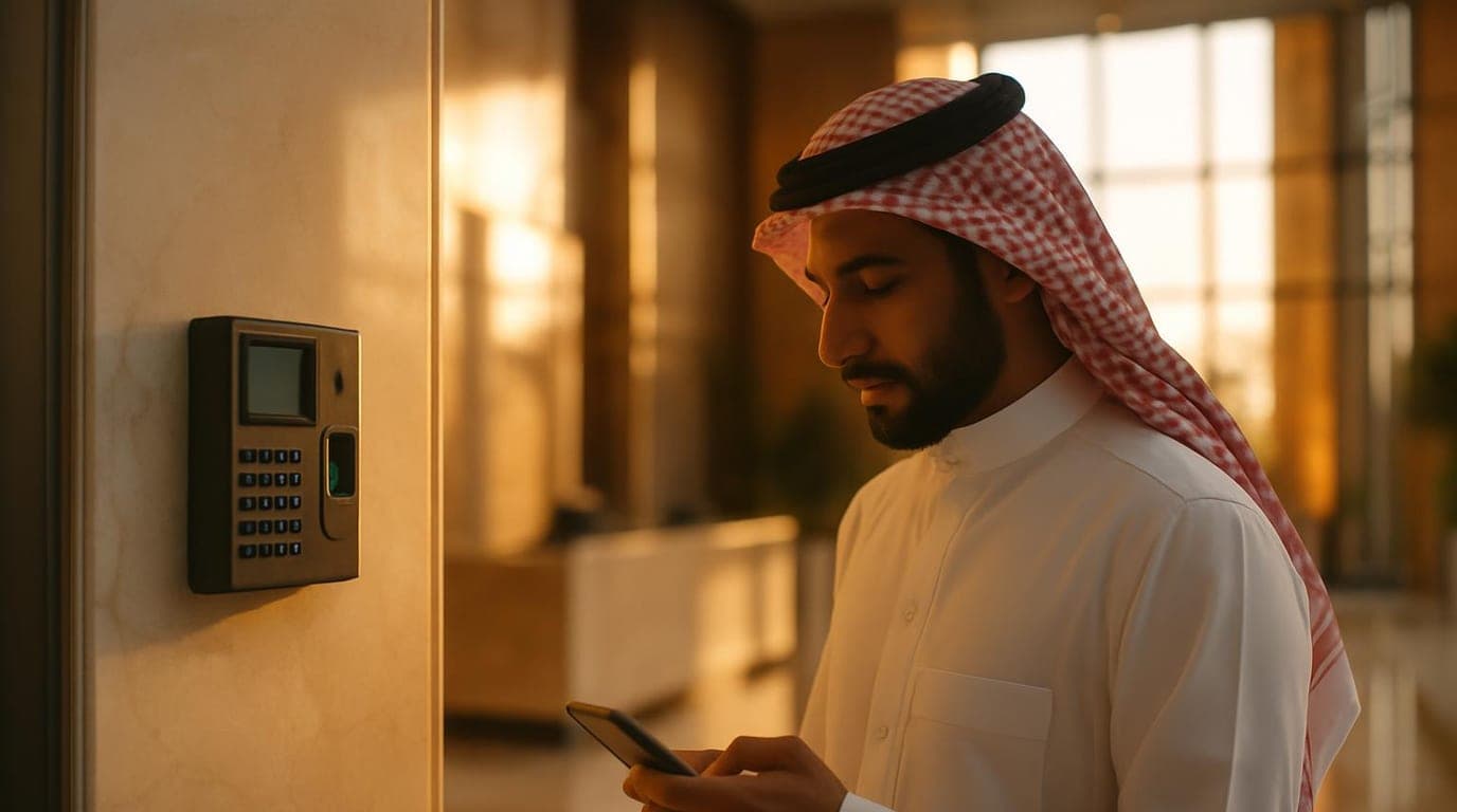 موظف يسجّل حضوره ببصمة الإصبع على جهاز حضور وانصراف عند مدخل مقر العمل