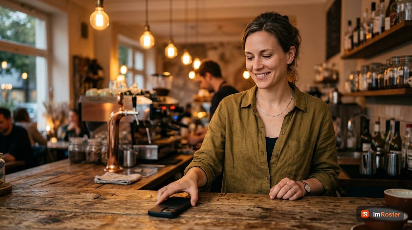 Dienstplan per WhatsApp: Cafe-Managerin legt ihr Smartphone mit dem Display nach unten auf den Tresen