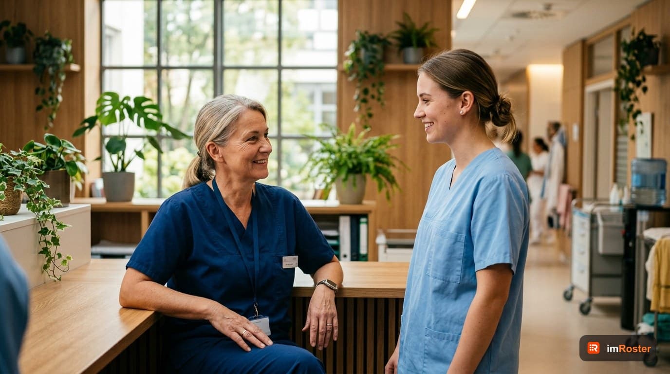 Dienstplanung 2026: Stationsleitung und Pflegekraft im Gespräch an einer hellen Klinikstation