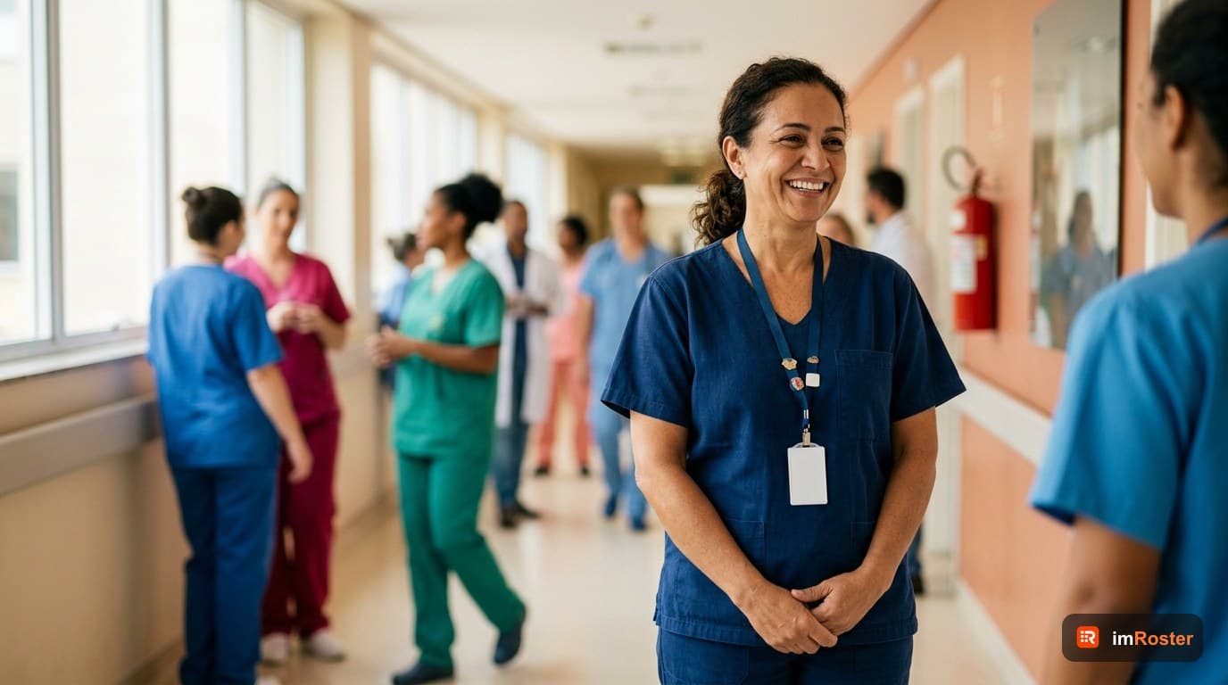 Escala 12x36 na enfermagem: coordenadora de enfermagem sorridente no corredor do hospital na troca de plantão