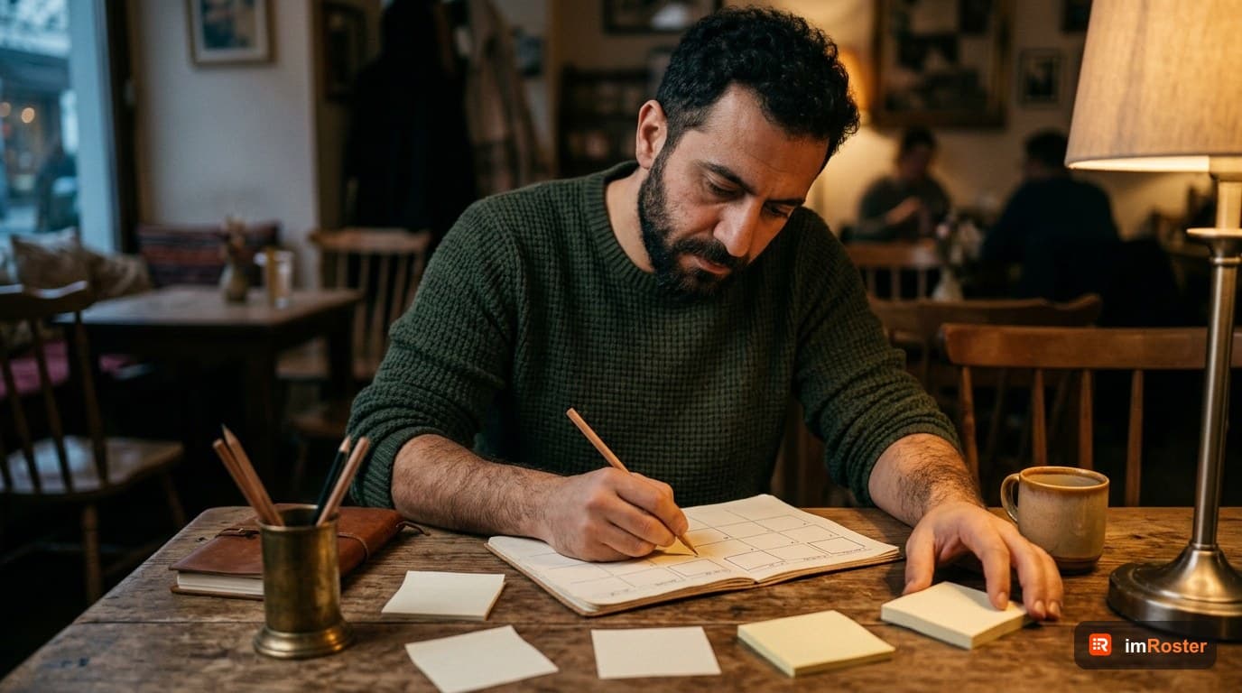 Excel vardiya çizelgesi şablonu: haftalık kağıt planlayıcıyla vardiya planı hazırlayan kafe sahibi