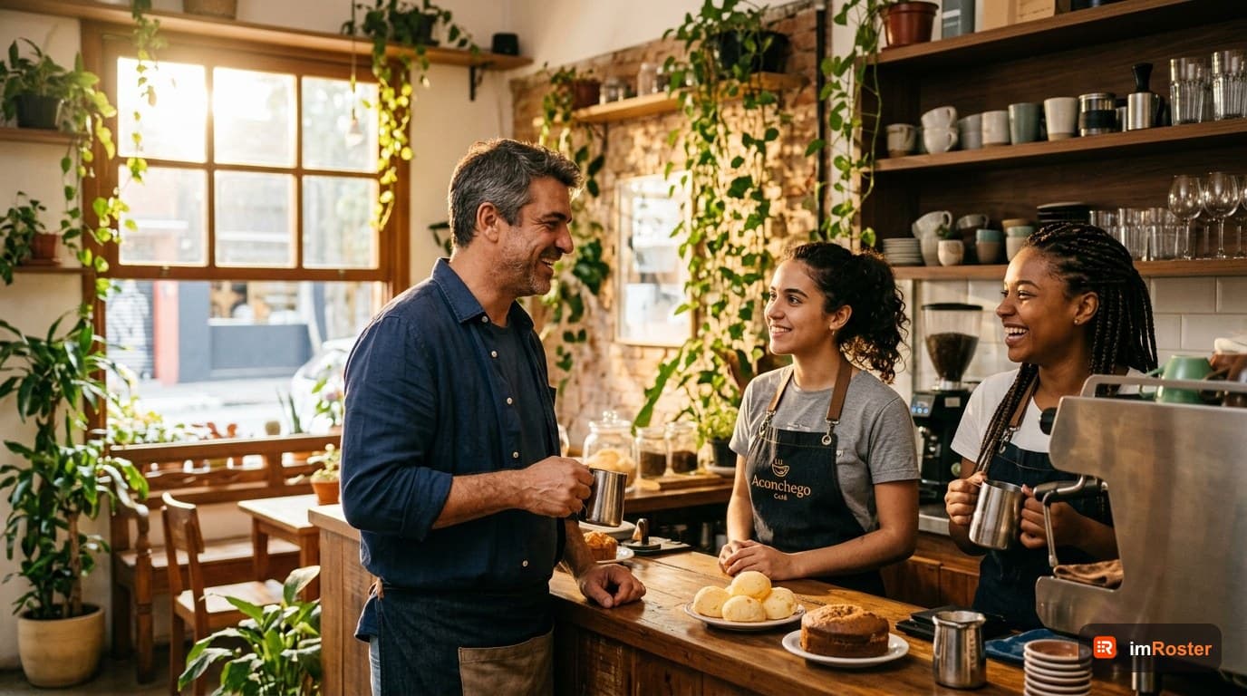 Fim da escala 6x1: dono de cafe conversando com a equipe sobre a escala de trabalho na abertura da manha