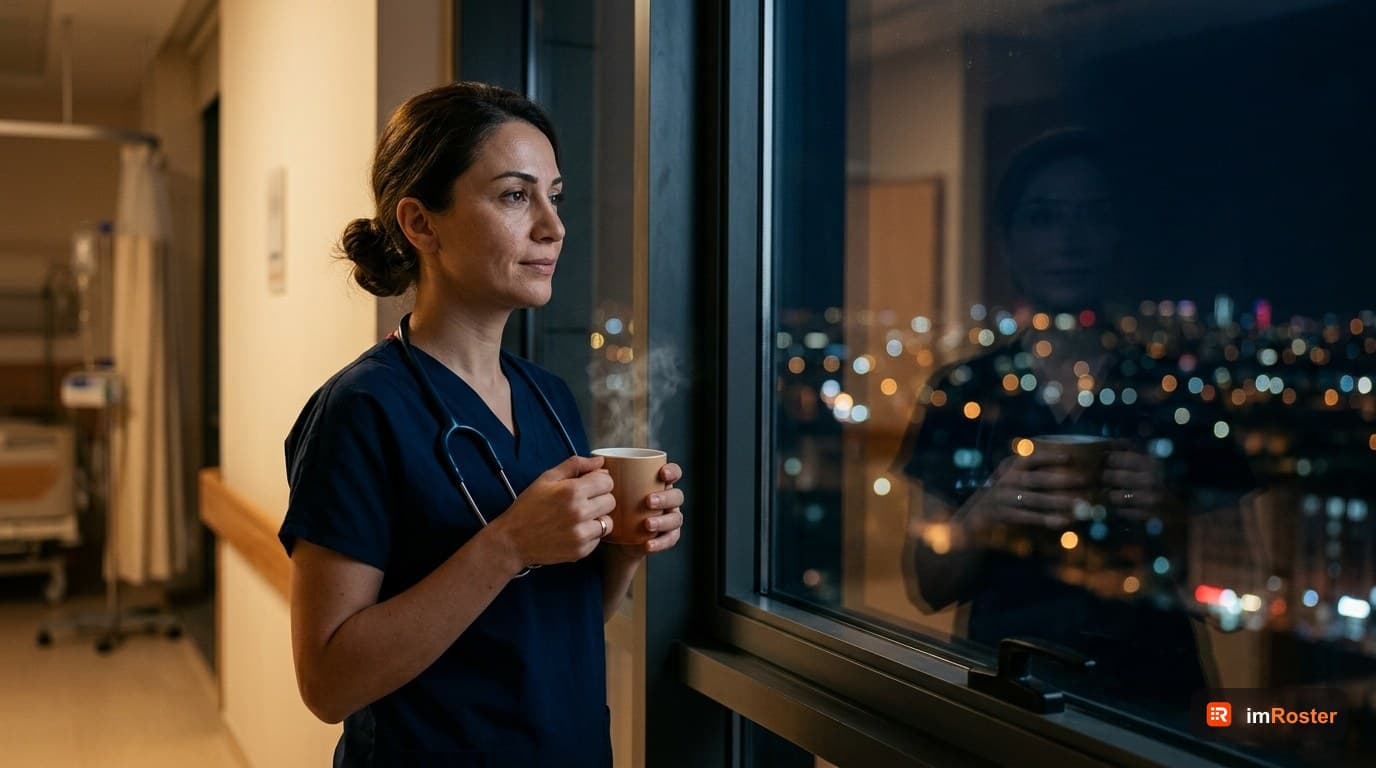 Gece vardiyası kaç saat: gece vardiyasında hastane penceresinden şehre bakan hemşire, elinde çay