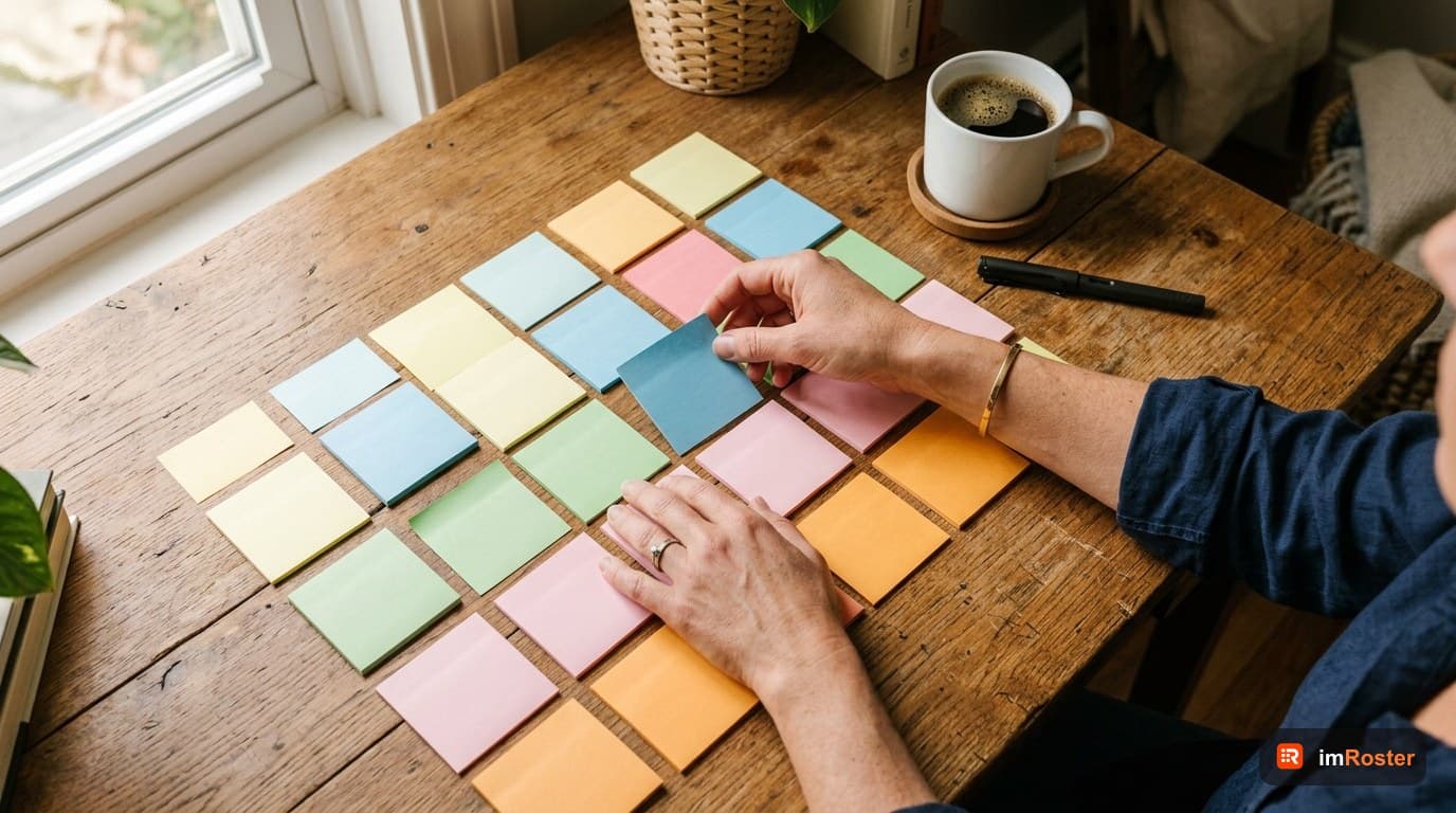 How to make a shift schedule: hands arranging colorful sticky notes into a weekly schedule grid