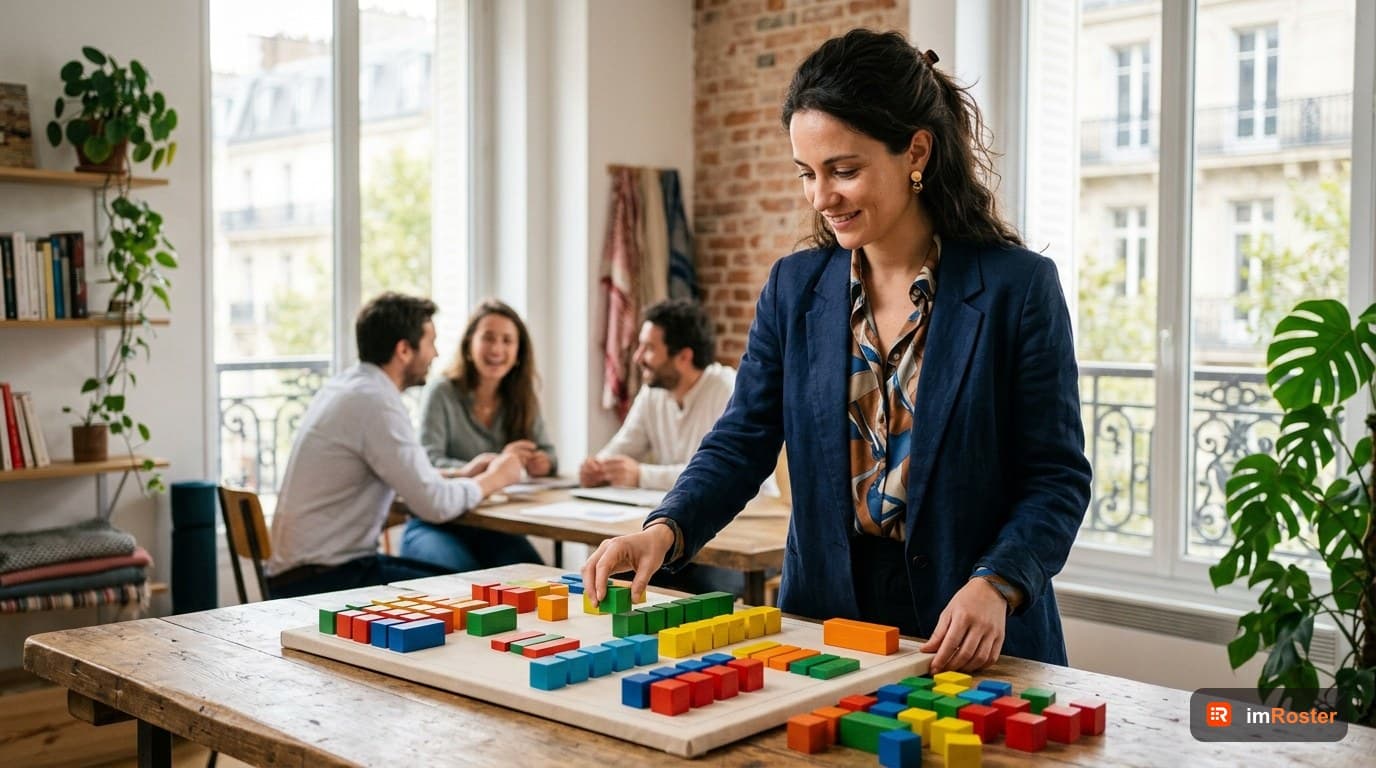 Planning IA : manager organisant des blocs colorés comme un planning d'équipe dans un bureau moderne