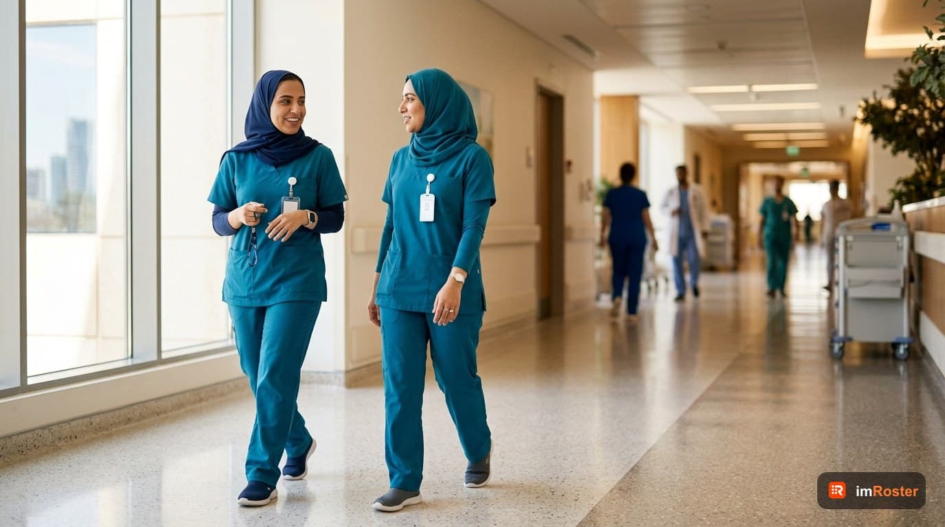 جدولة مناوبات التمريض: ممرضتان في ممر مستشفى حديث أثناء تسليم الوردية الصباحية