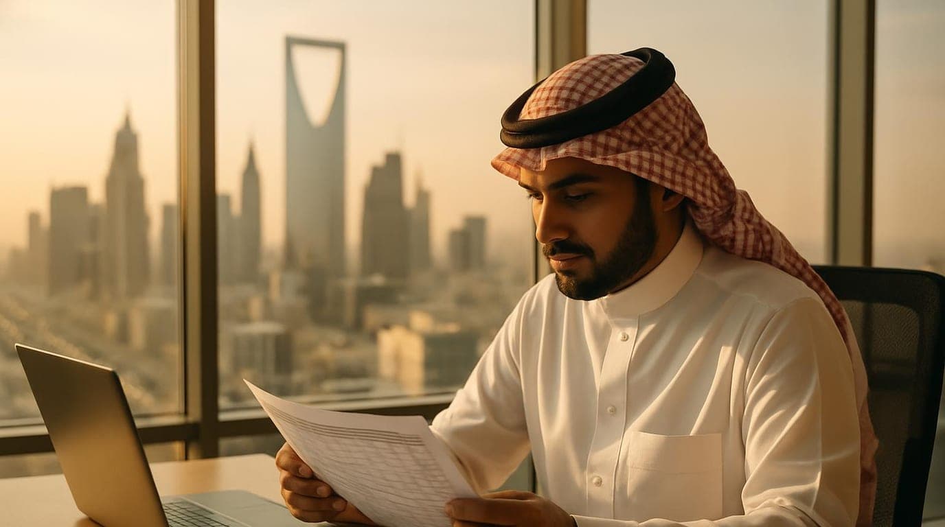 جدول مناوبات مطبوع وساعة جدارية على مكتب مدير موارد بشرية في منشأة سعودية تعمل بنظام الورديات