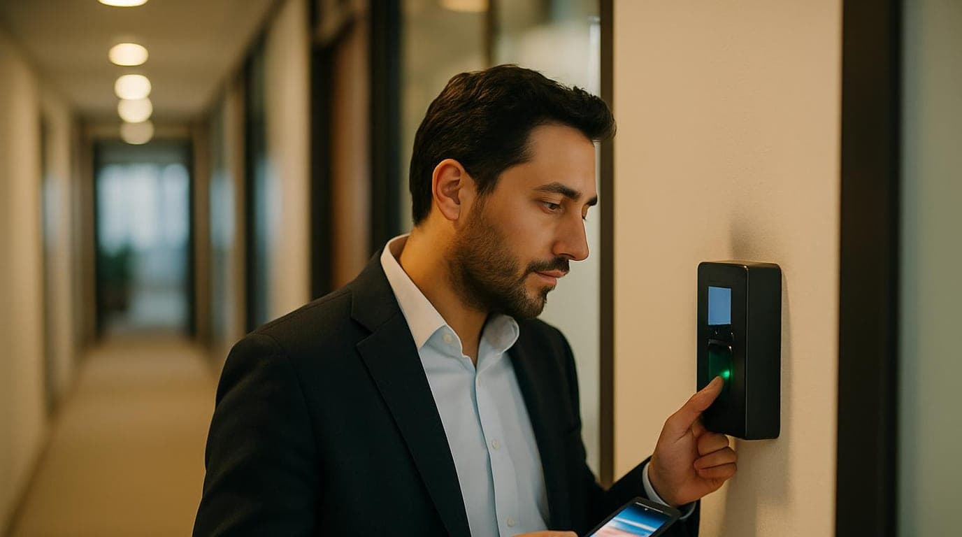 İşyeri girişindeki parmak izi okuyucunun üzerinde yasak işareti; yanında personel kartı ve telefonla konum bazlı yoklama yapan bir çalışan