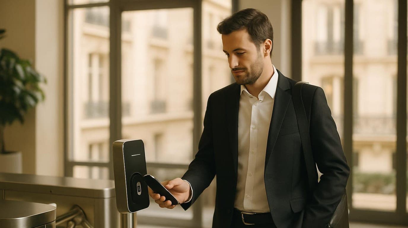 Pointeuse à empreinte digitale barrée d'un panneau d'interdiction, à côté d'un smartphone affichant une application de pointage mobile conforme