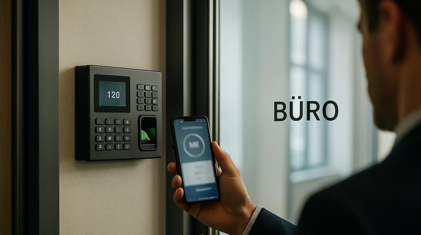 Beschäftigte checkt per Smartphone-App am Arbeitsort in ihre Schicht ein, im Hintergrund ein abgeschaltetes Fingerabdruck-Terminal