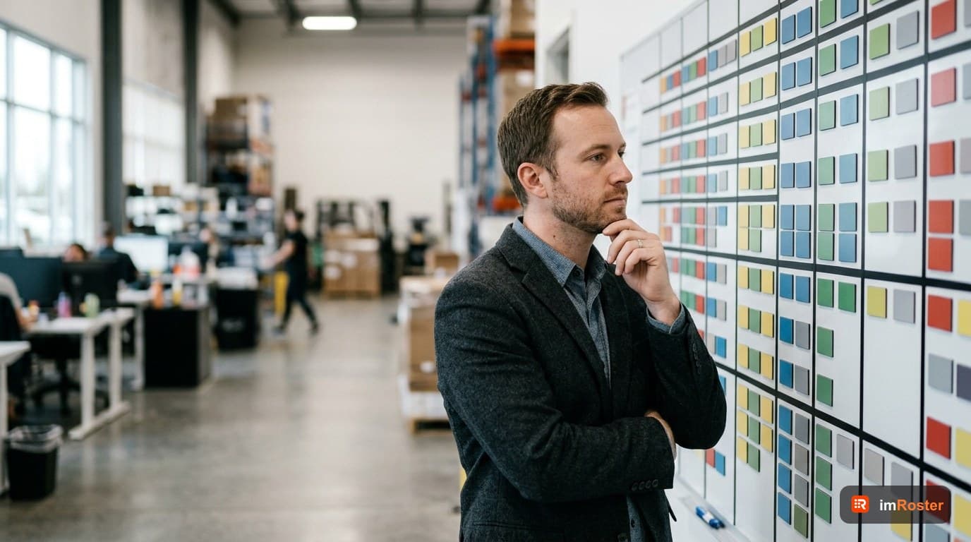 AI shift scheduling software: operations manager reviewing a colorful weekly planning board in a modern office