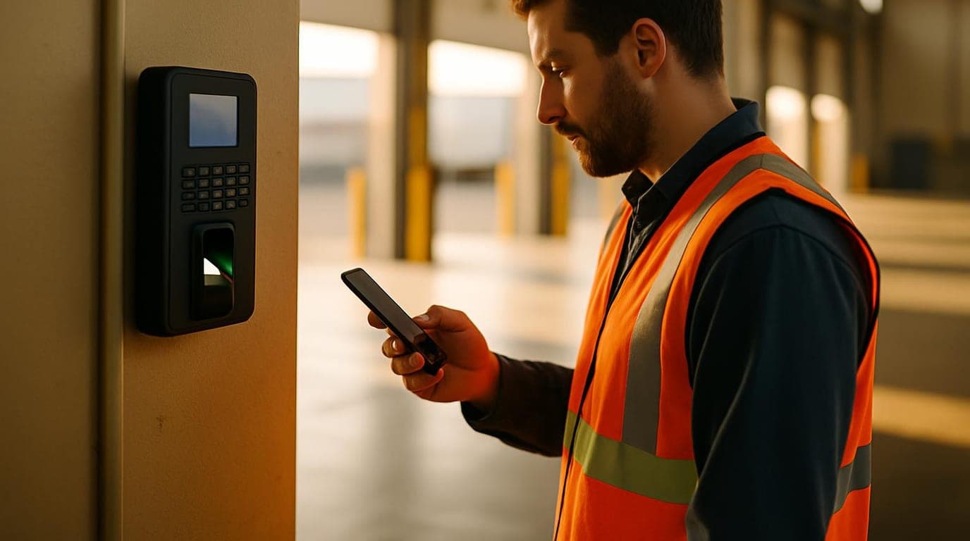 A wall-mounted fingerprint time clock beside a smartphone showing a shift schedule with location-based clock-in