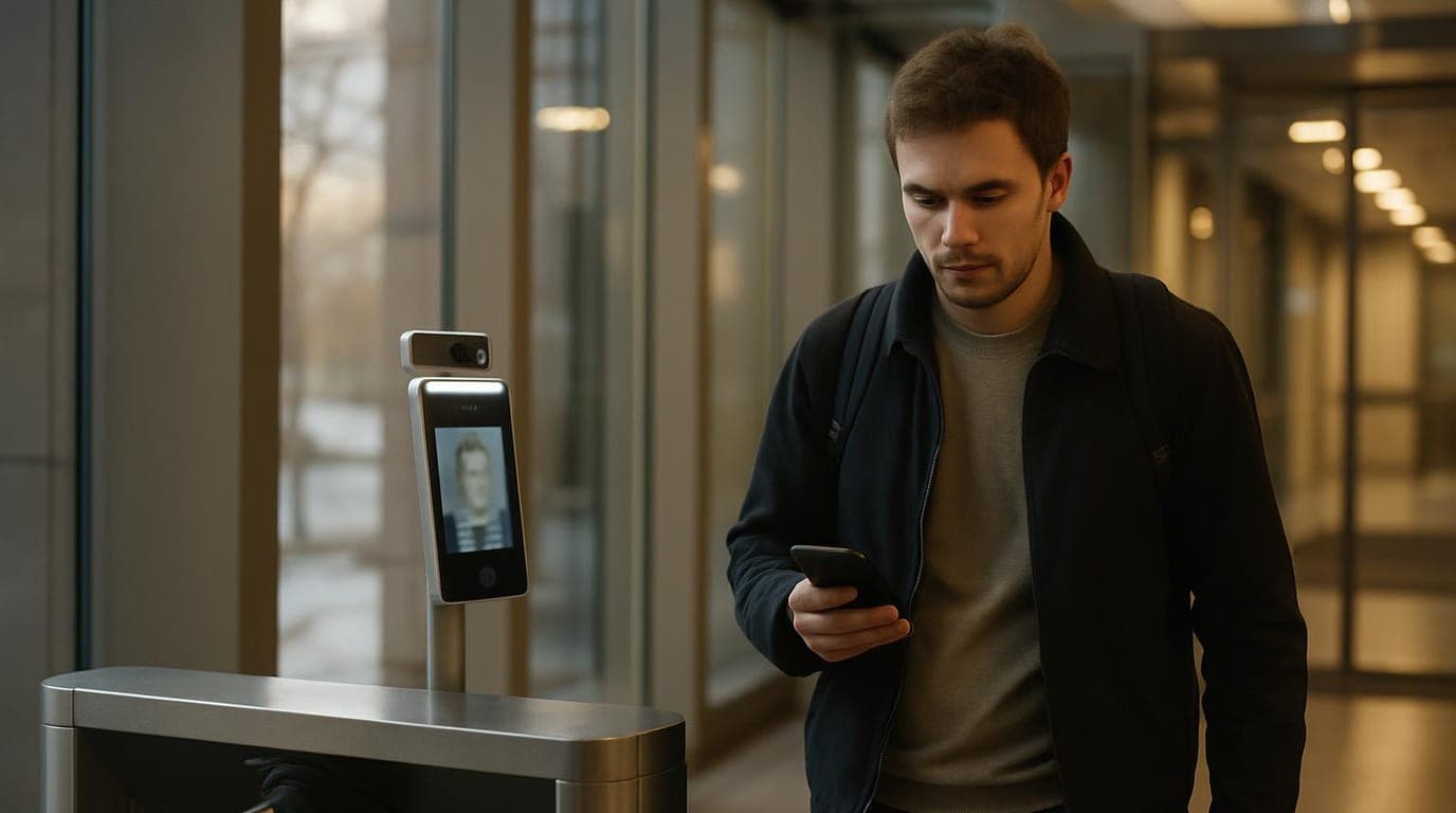 Биометрический терминал учёта рабочего времени на проходной и смартфон с отметкой прихода по геолокации