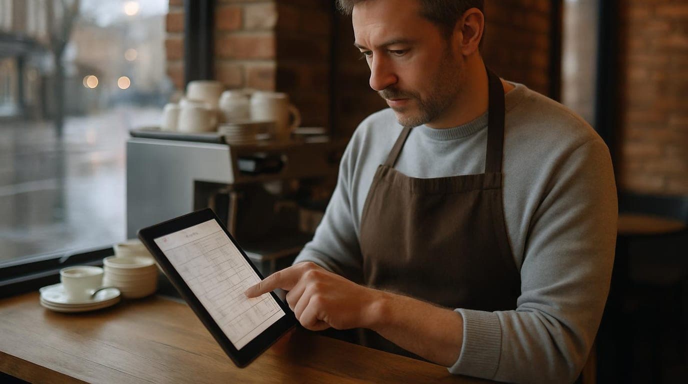 A UK shift manager reviewing a printed weekly rota beside a laptop in a café before opening time