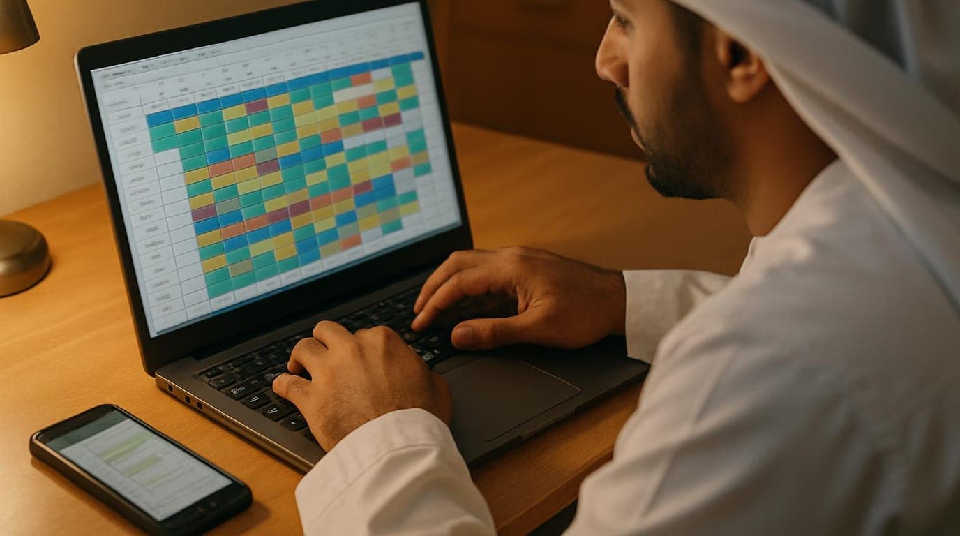 مشرف عمليات يجهّز جدول شفتات جاهز للموظفين على برنامج الإكسل من شاشة لابتوب في مكتب صغير