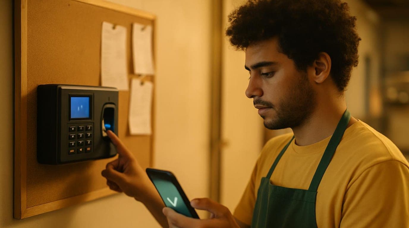 Relógio de ponto biométrico na parede de uma empresa ao lado de um celular exibindo o registro de ponto por aplicativo