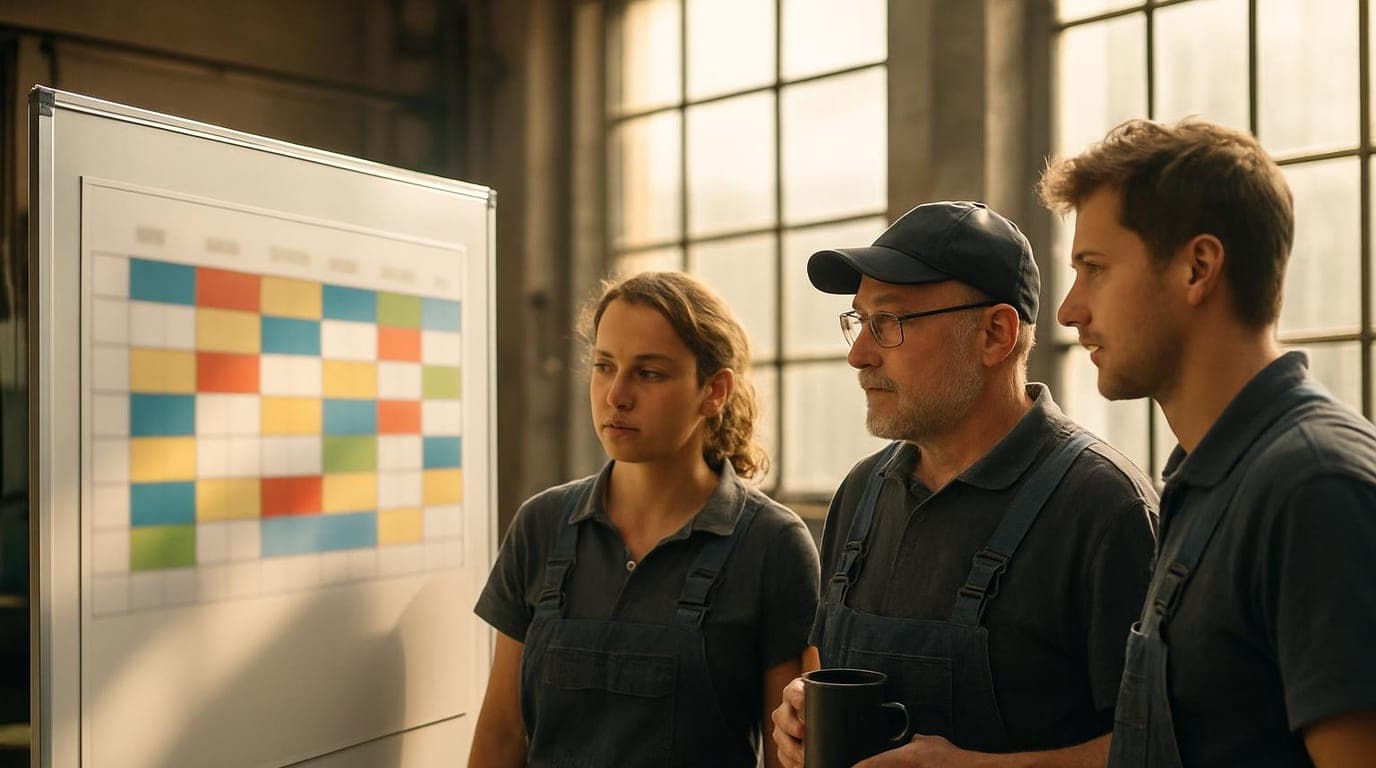 Schichtplan-Tabelle mit Früh-, Spät- und Nachtschicht für vier Mitarbeiter in Vorwärtsrotation